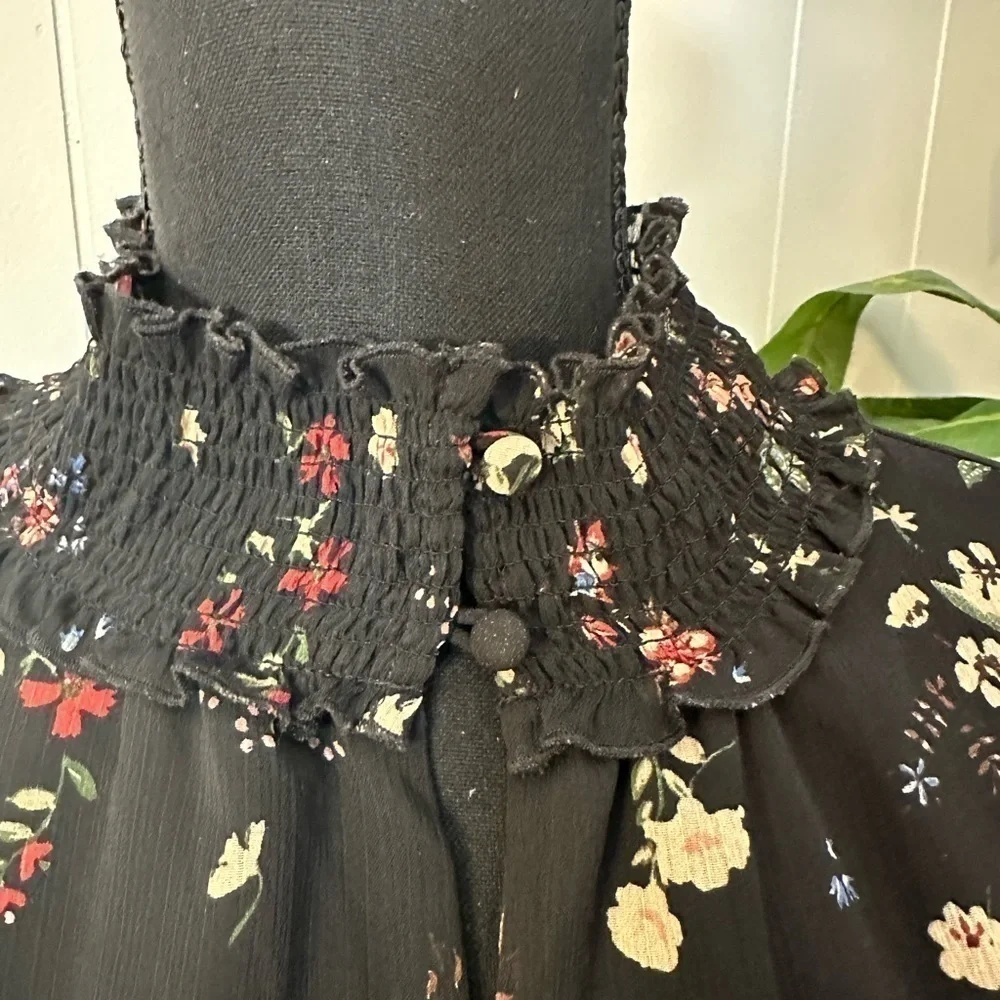 Sanctuary Smocked Black Floral Midi Dress, Women’s Size Small